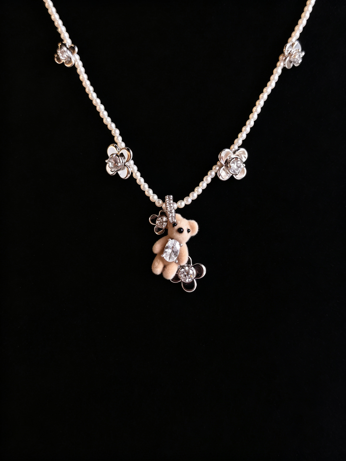 S925 Sterling Silver Pearl & Teddy Bear Charm Necklace