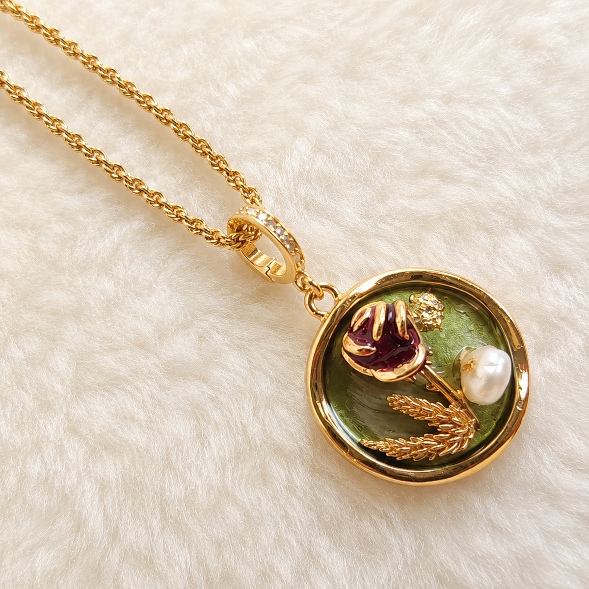 24K Gold Plated Crimson Rose Wheat Sage Green Medallion Adjustable Necklace