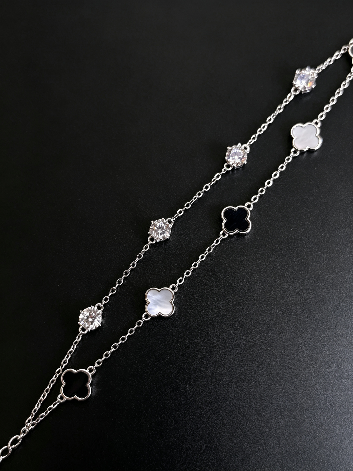 Moissanite & Mother-of-Pearl Clover Double-Layer Bracelet
