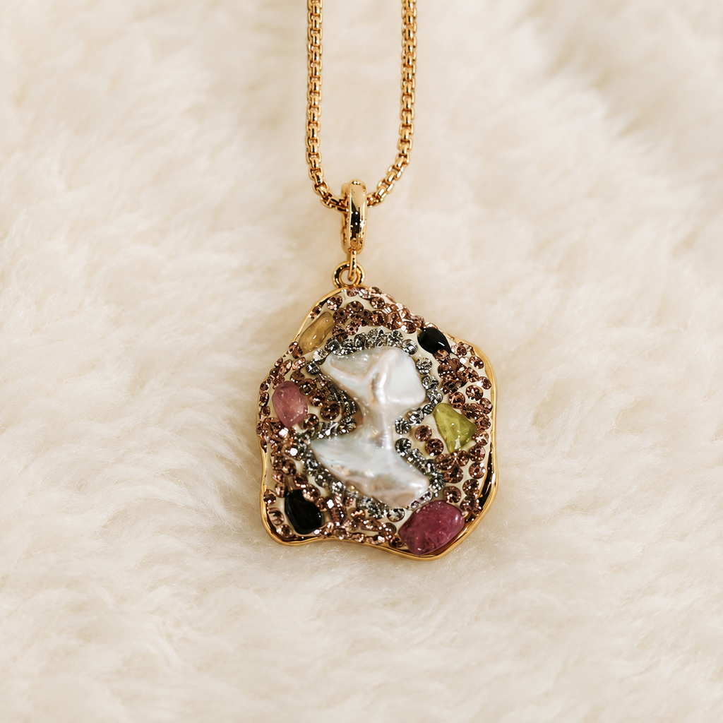 24K Gold Plated Multi-Stone Butterfly Mosaic Pendant Necklace