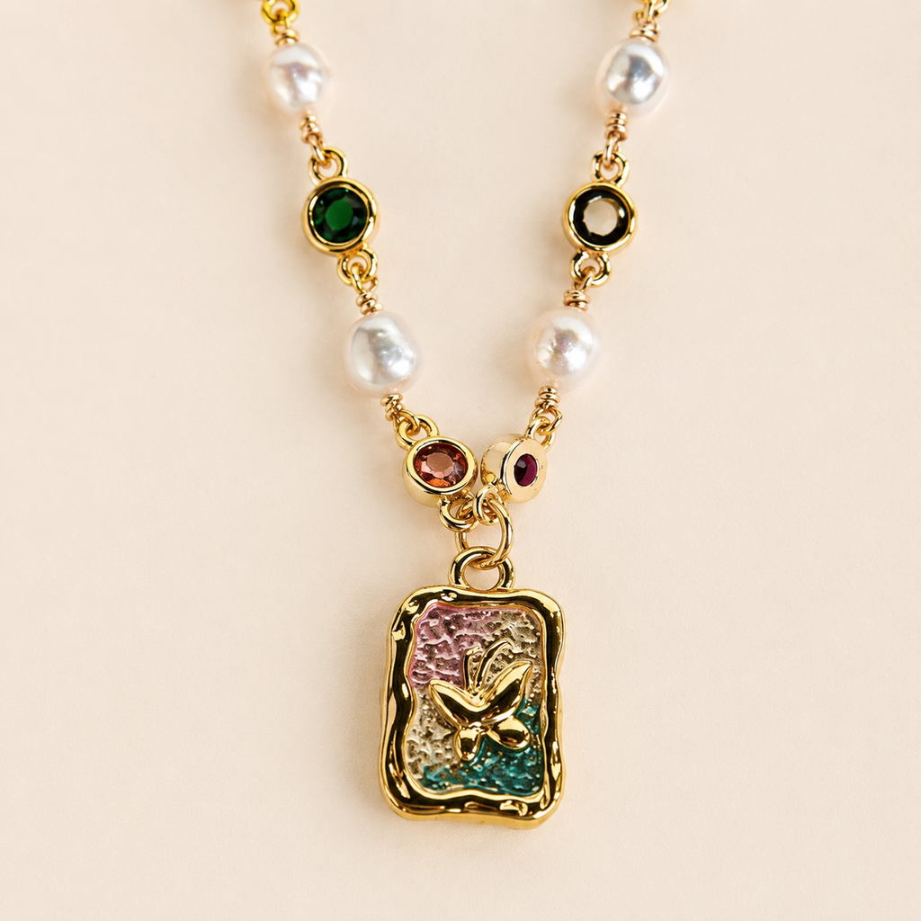 24K Gold Plated Oil Painting Butterfly Enamel Pendant Mixed Chain Necklace