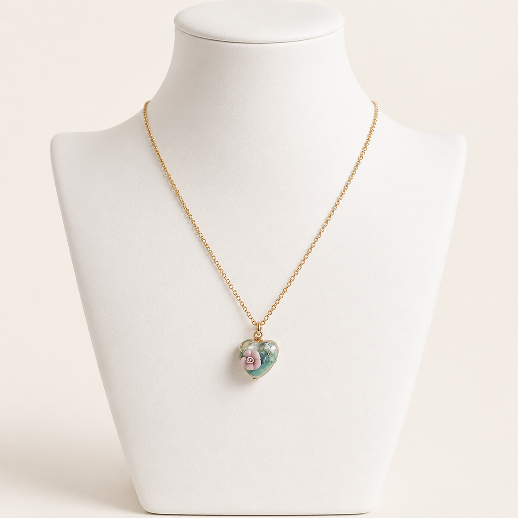 24K Gold Plated Oil Painting Rose Heart Enamel Pendant Satellite Necklace