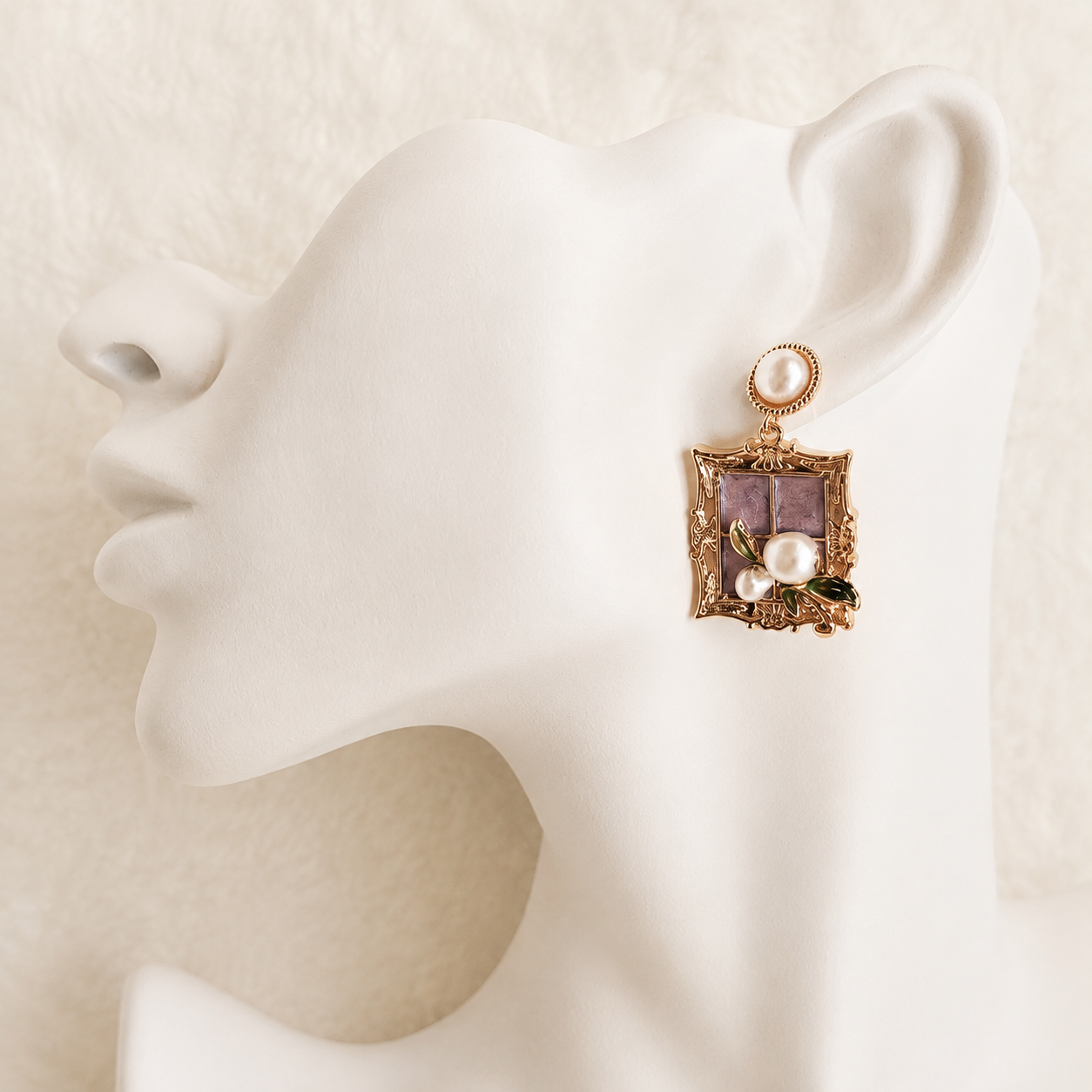 24K Gold Plated Victorian Baroque Frame Pearl Butterfly Drop Earrings