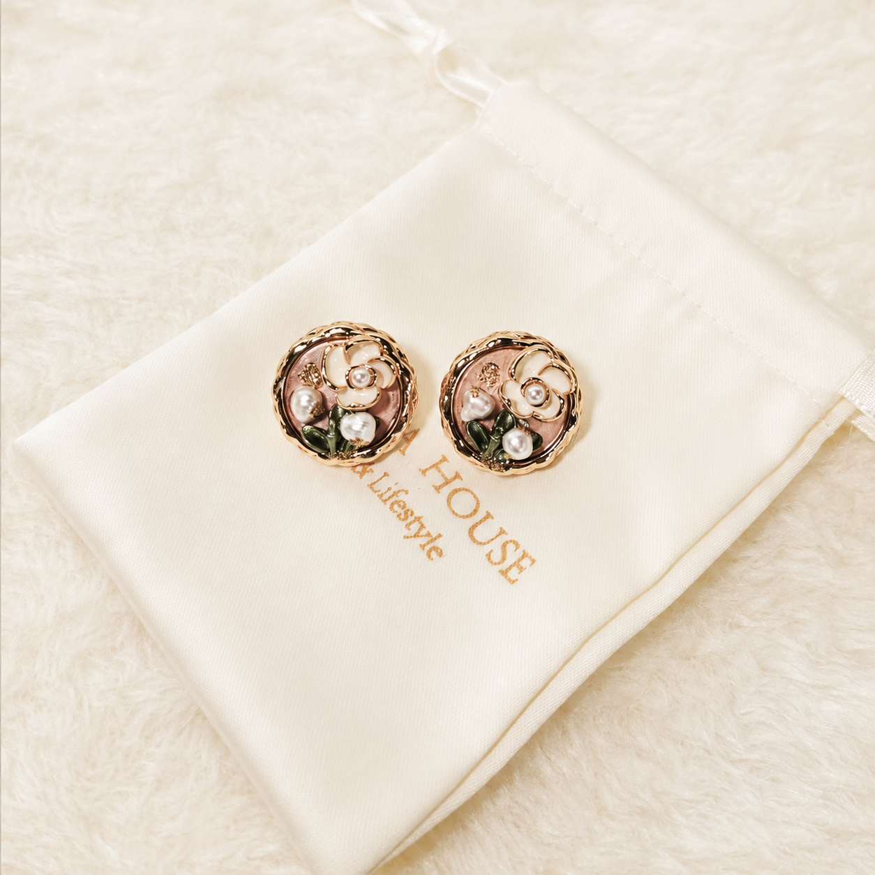 24K Gold Plated Bird's Nest Pearl Cat's Eye Flower Stud Earrings