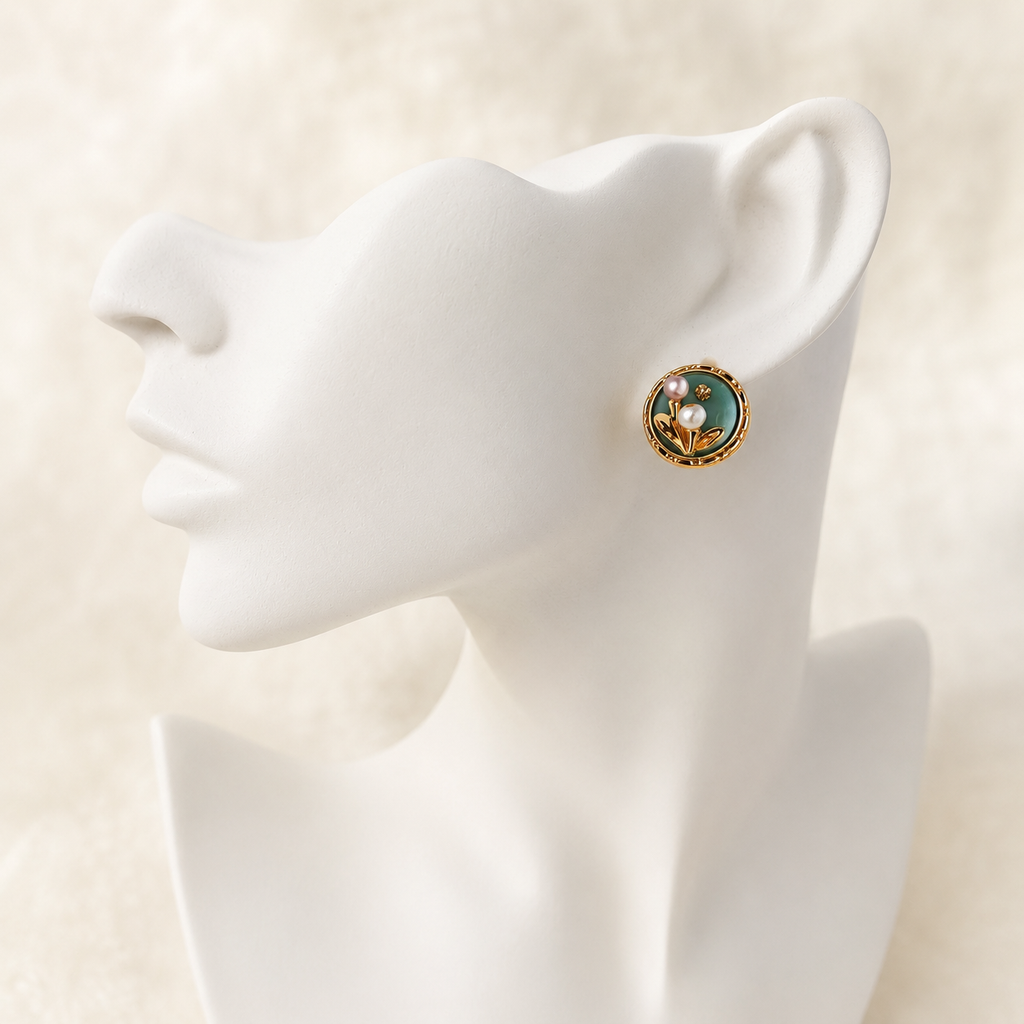 24K Gold Plated Lily of the Valley Pearl Forest Green Enamel Round Stud Earrings – Panda House