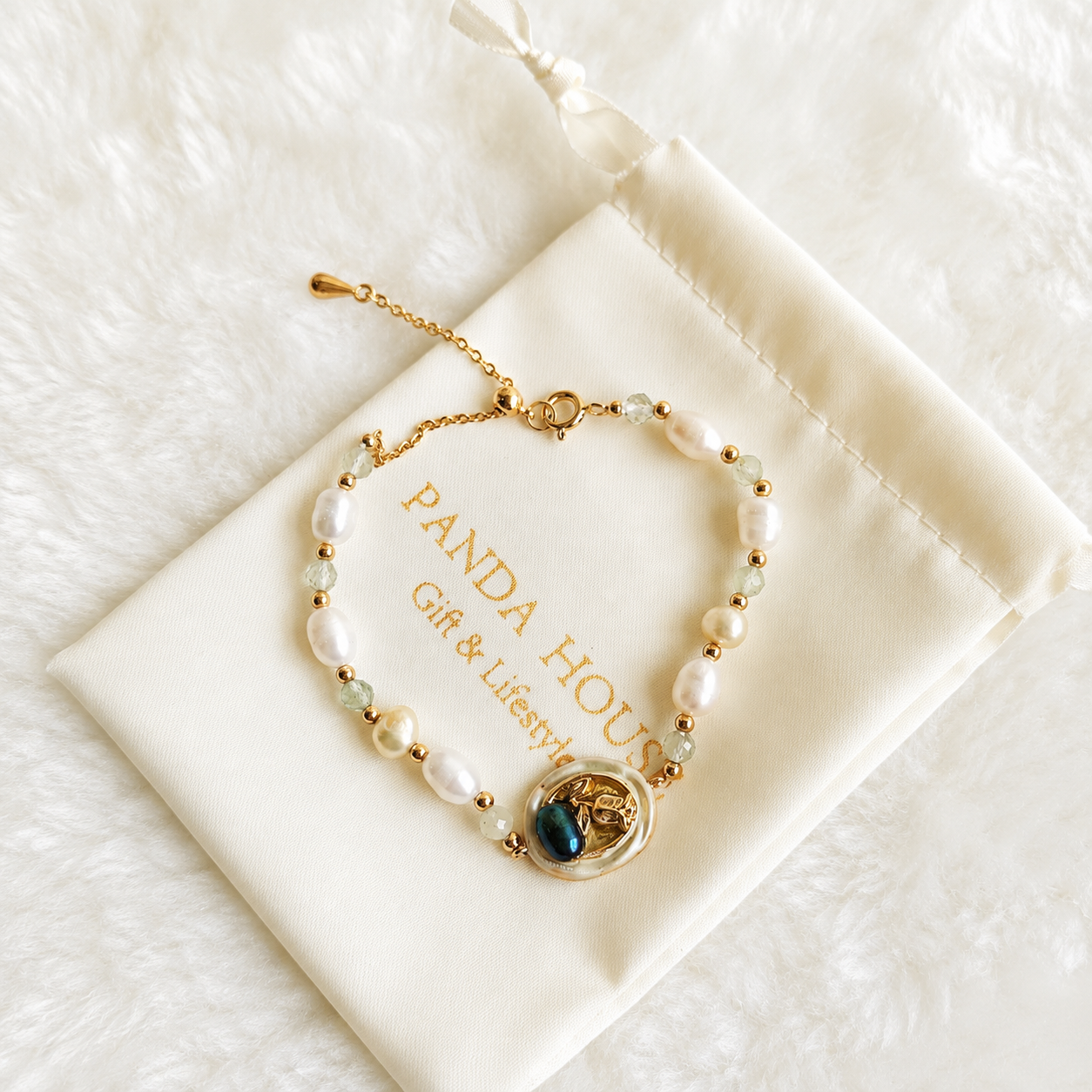 24K Gold Plated Teal Cat’s Eye Leaf Centerpiece Baroque Pearl & Moonstone Bracelet – Panda House