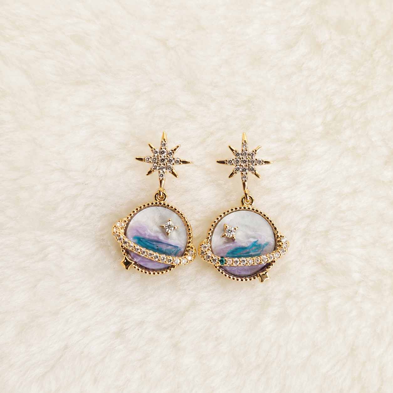 24K Gold Plated Pavé Star & Saturn Planet Drop Earrings – Panda House