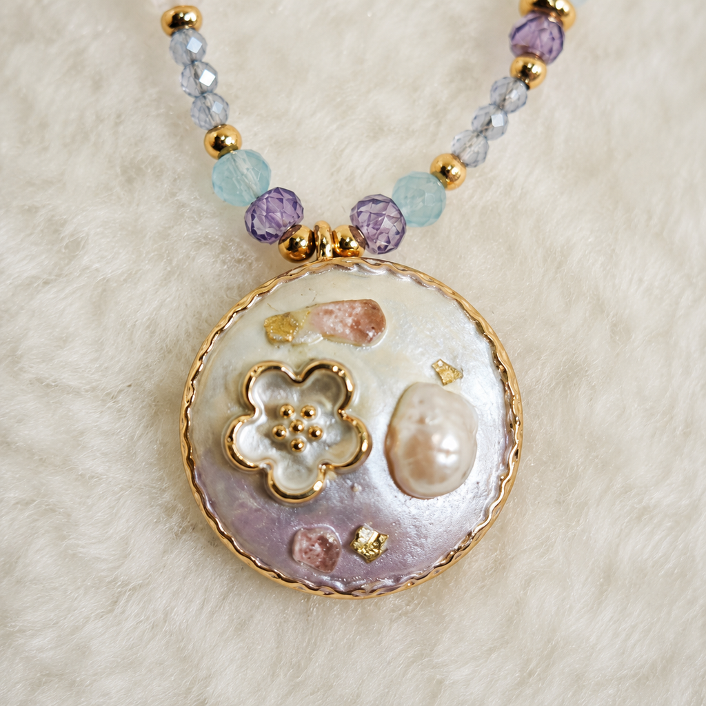 24K Gold Plated Aquamarine Amethyst Pearl Beaded Necklace with Mother of Pearl Floral Pendant