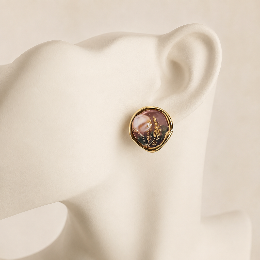 24K Gold Plated Oil Painting Gradient Enamel Lavender Pearl Stud Earrings