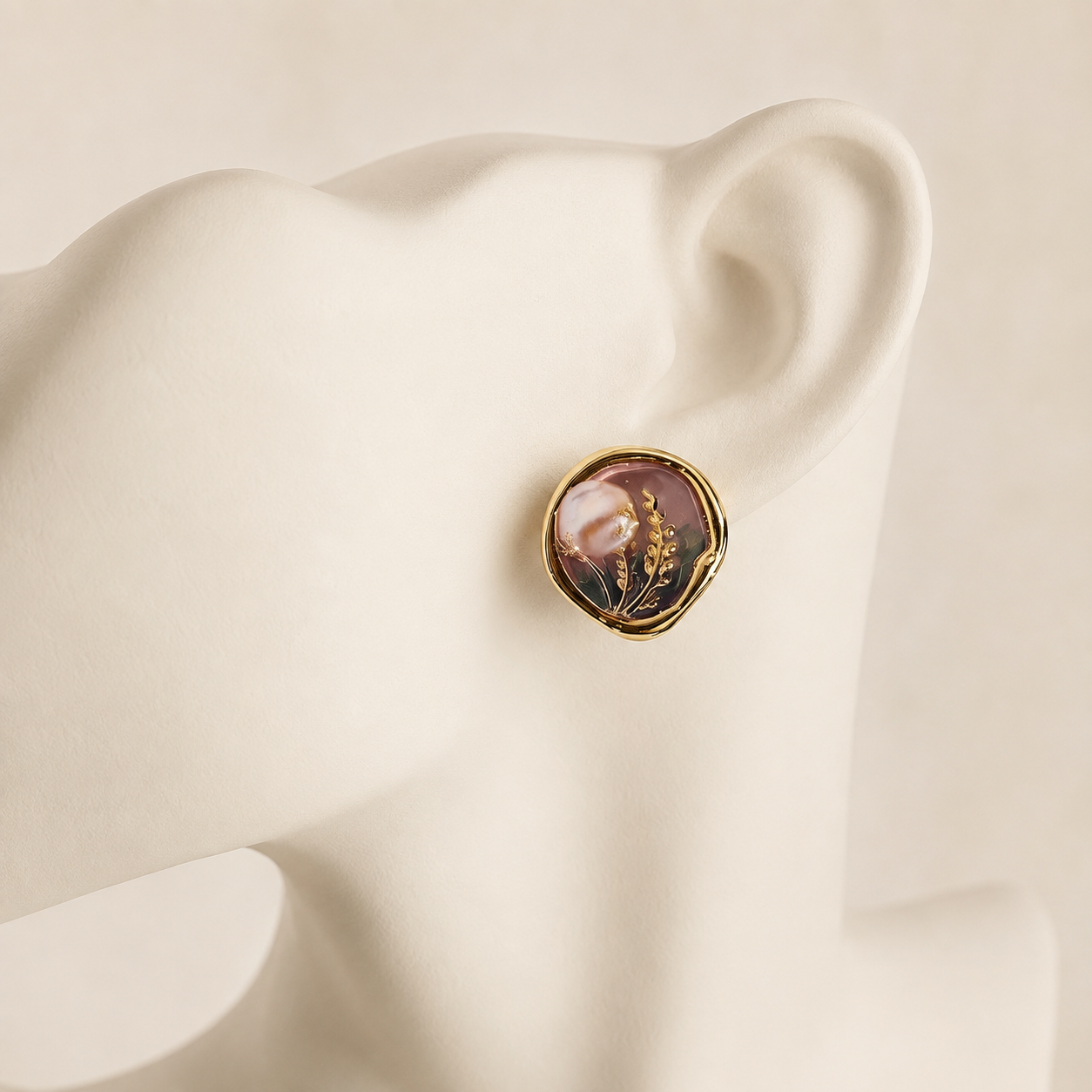 24K Gold Plated Oil Painting Gradient Enamel Lavender Pearl Stud Earrings