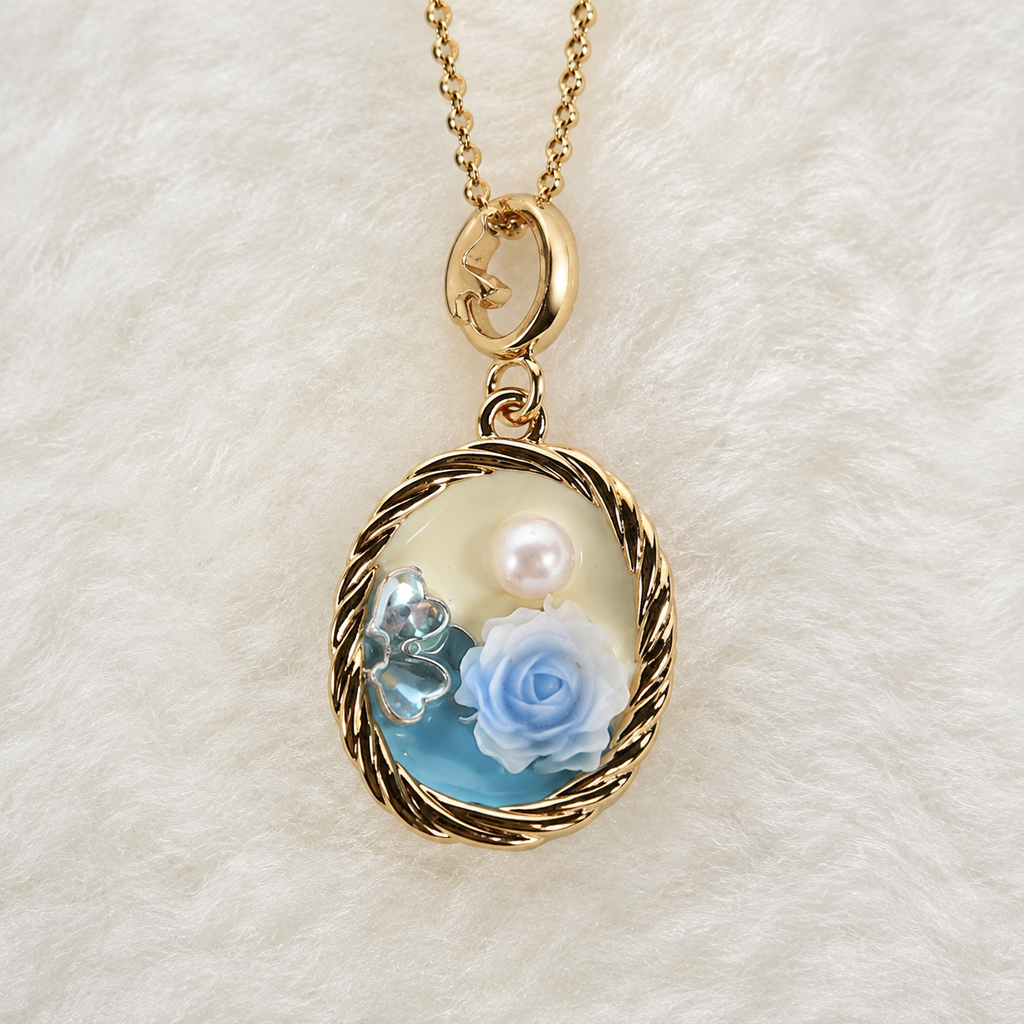 24K Gold Plated Blue Rose Cameo Pearl Necklace