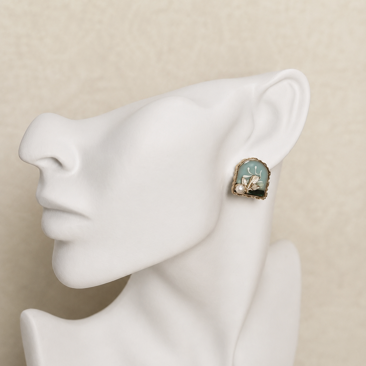 24K Gold Plated Garden Window Crystal Leaf Pearl Arch Stud Earrings