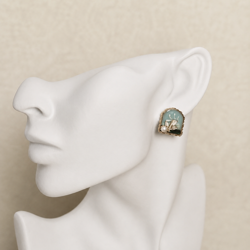 24K Gold Plated Garden Window Crystal Leaf Pearl Arch Stud Earrings