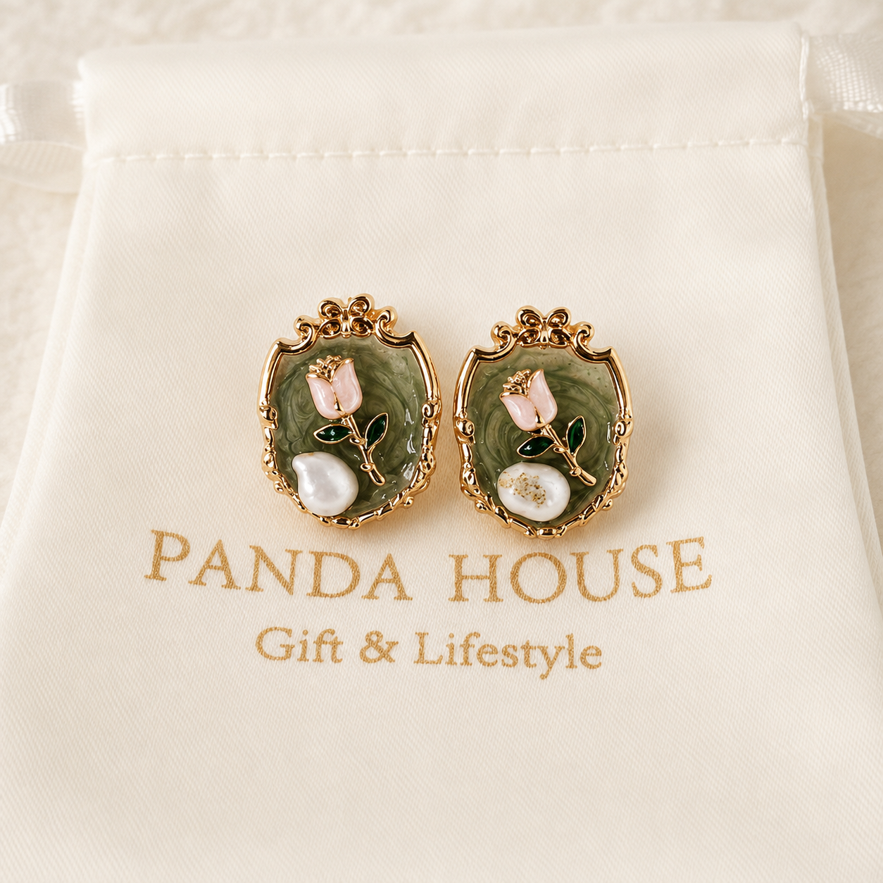 24K Gold Plated Vintage Mirror Frame Tulip Pearl Stud Earrings