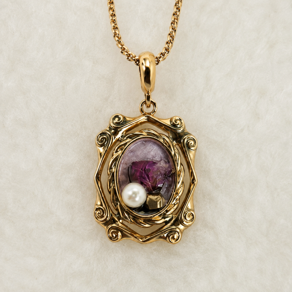 24K Gold Plated Amethyst & Pearl Vintage Pendant Necklace
