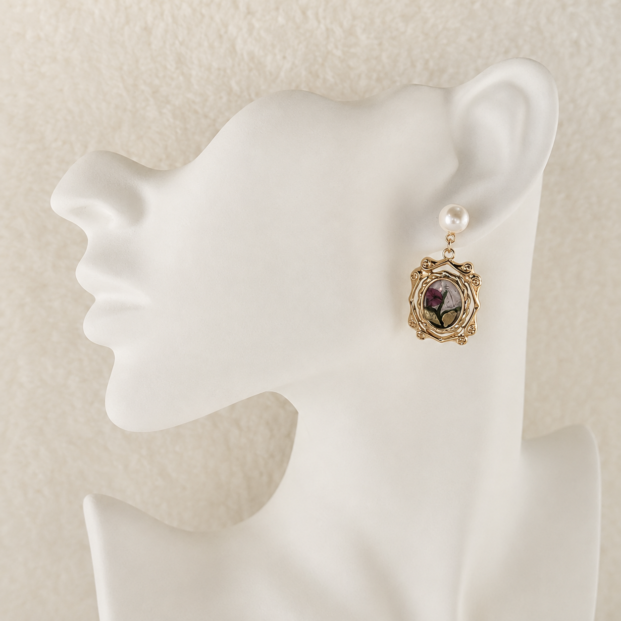 24K Gold Plated Oil Painting Tulip Cameo Drop Earrings with Freshwater Pearl
