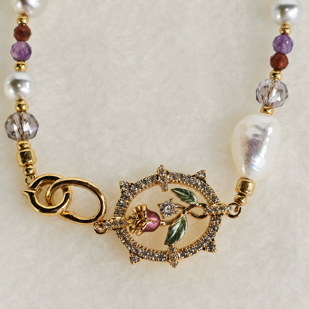 24K Gold Plated Natural Stone & Pearl Beaded Necklace with Crystal Floral Pendant