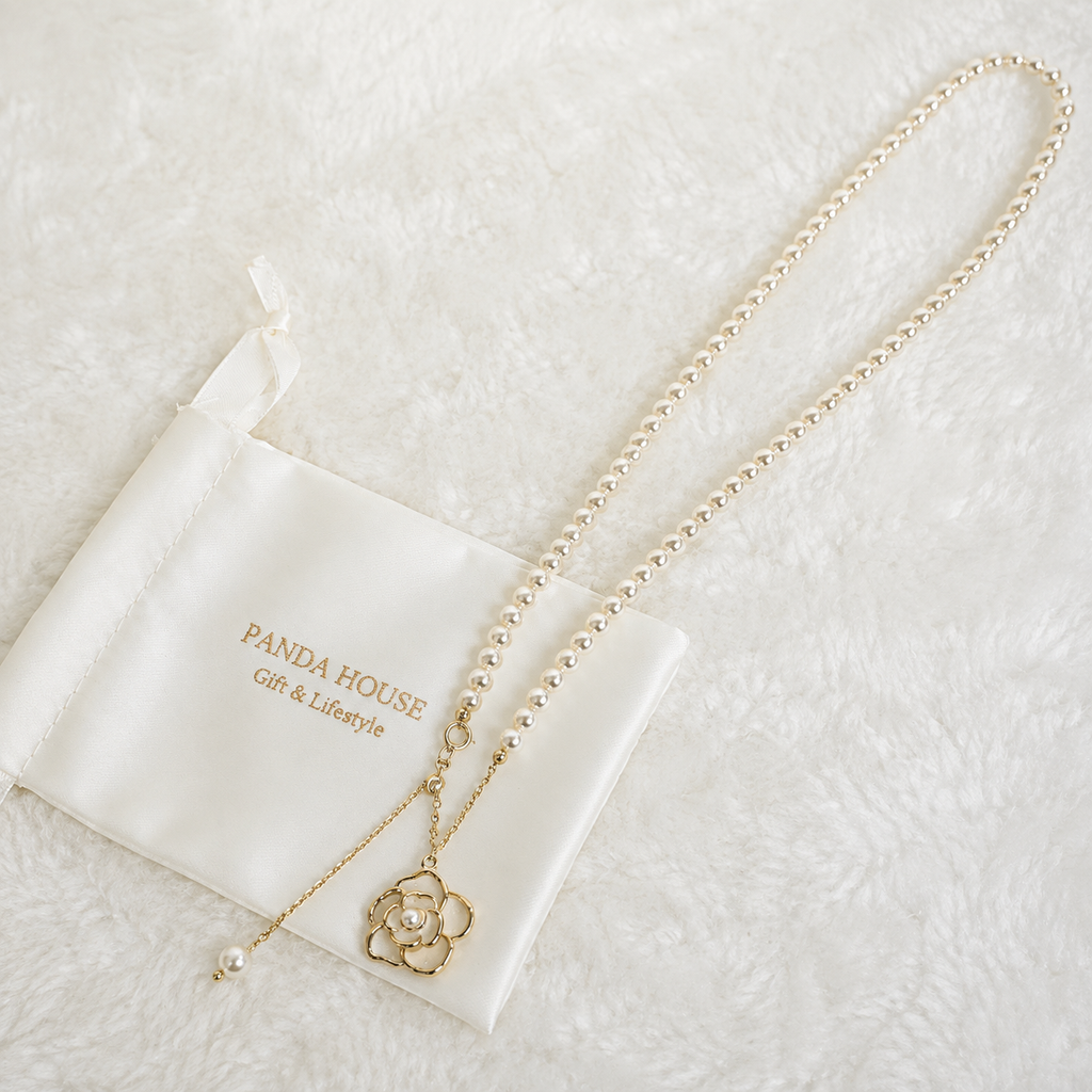 24K Gold Plated Freshwater Pearl Necklace with White Camellia Pendant