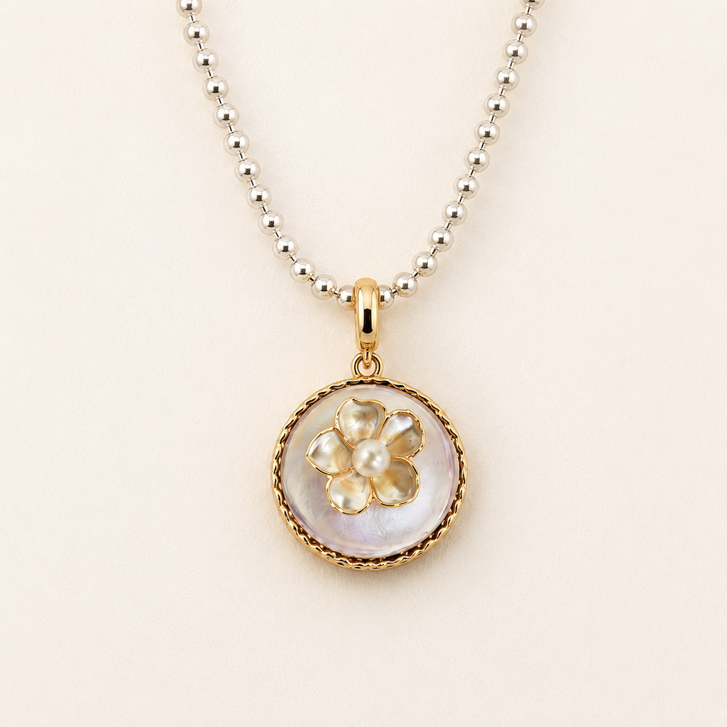 24K Gold Plated White Floral Pearl Pendant Satellite Chain Necklace
