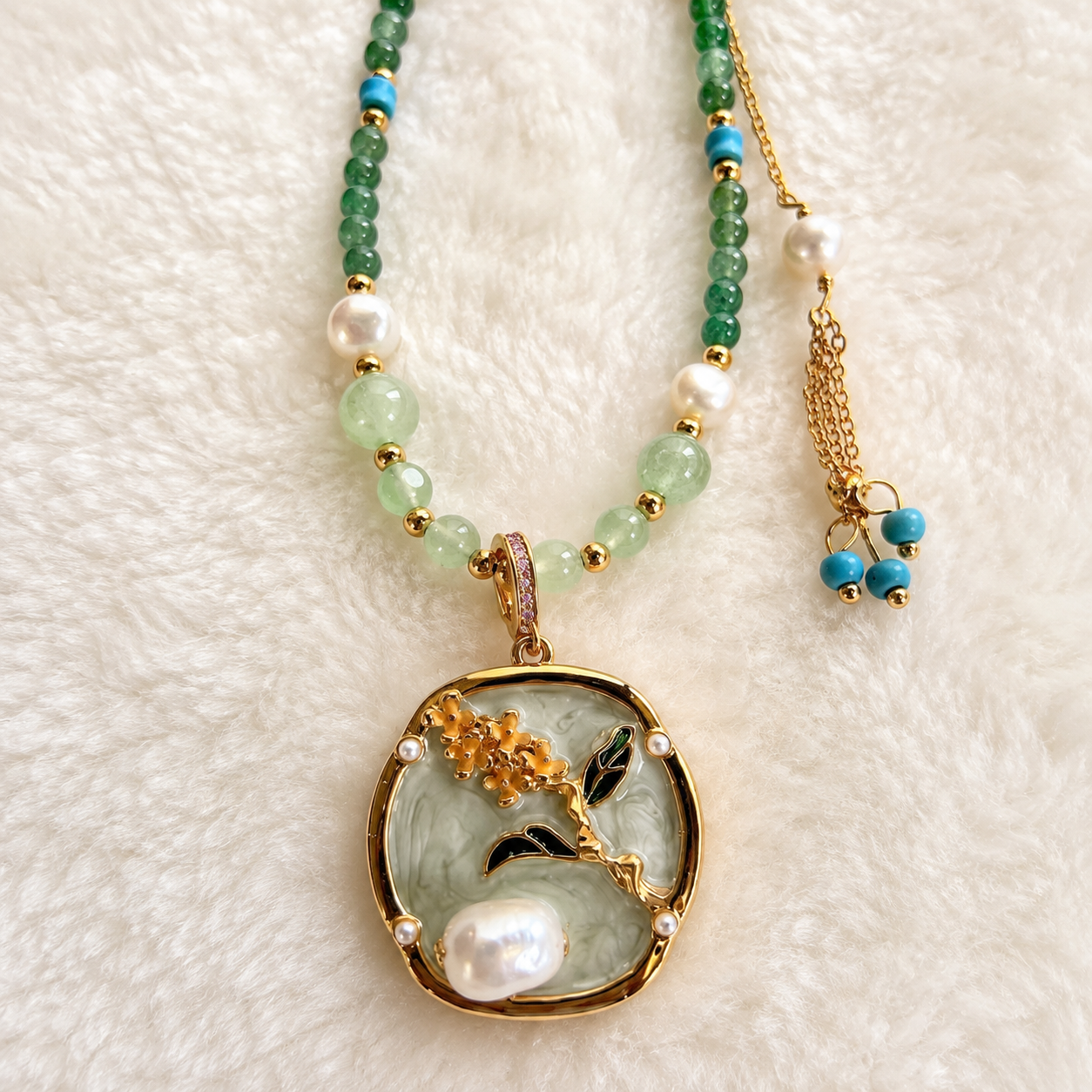 24K Gold Plated Jade Turquoise Pearl Double Layer Necklace with Crystal Floral Pendant