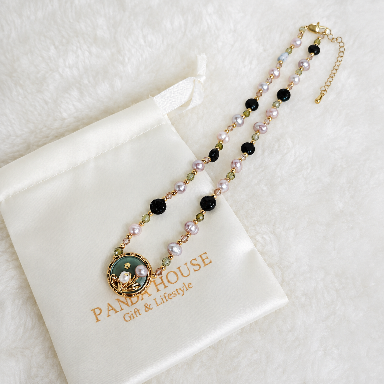 24K Gold Plated Natural Stone & Freshwater Pearl Beaded Necklace