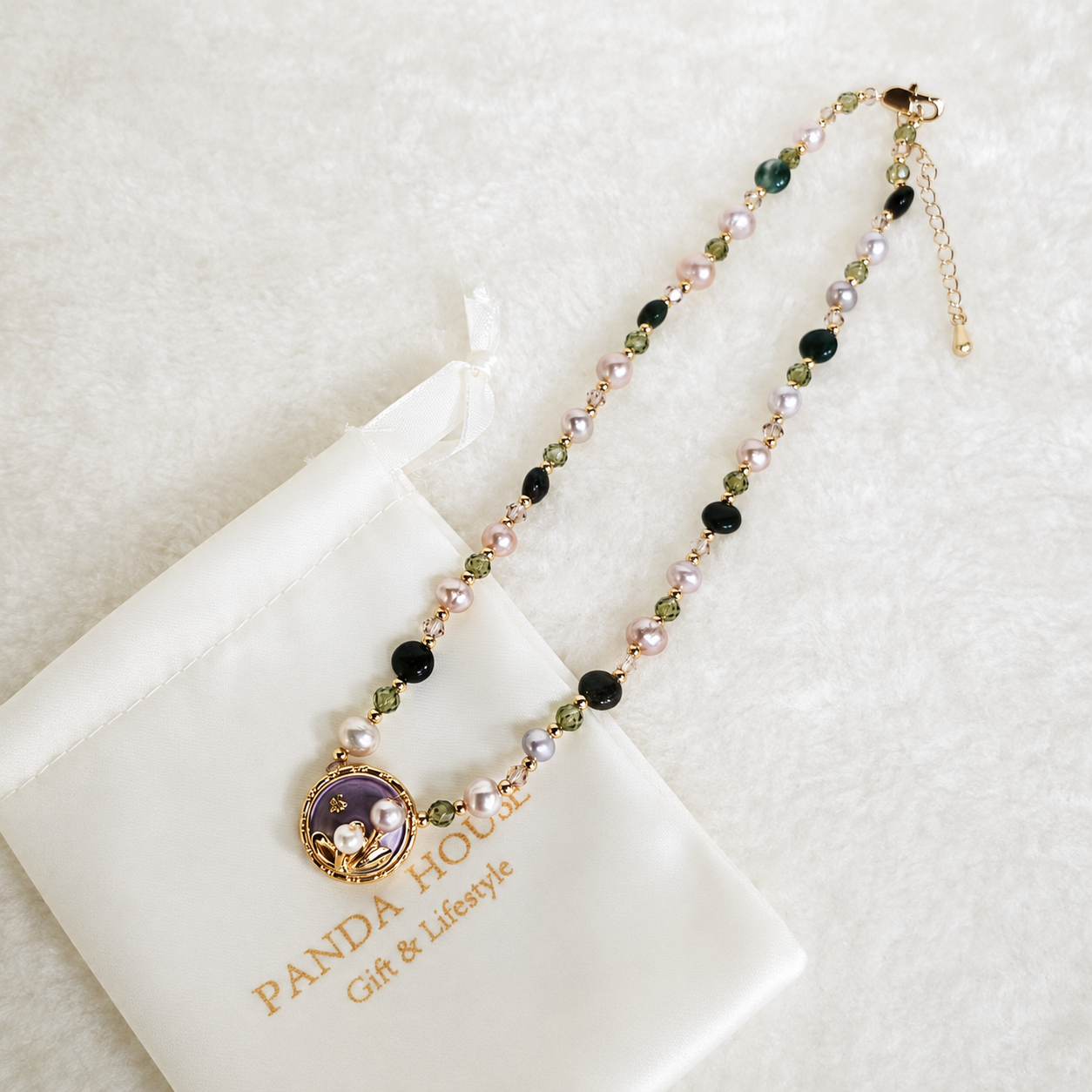 24K Gold Plated Natural Jade & Pearl Beaded Necklace with Enamel Floral Pendant