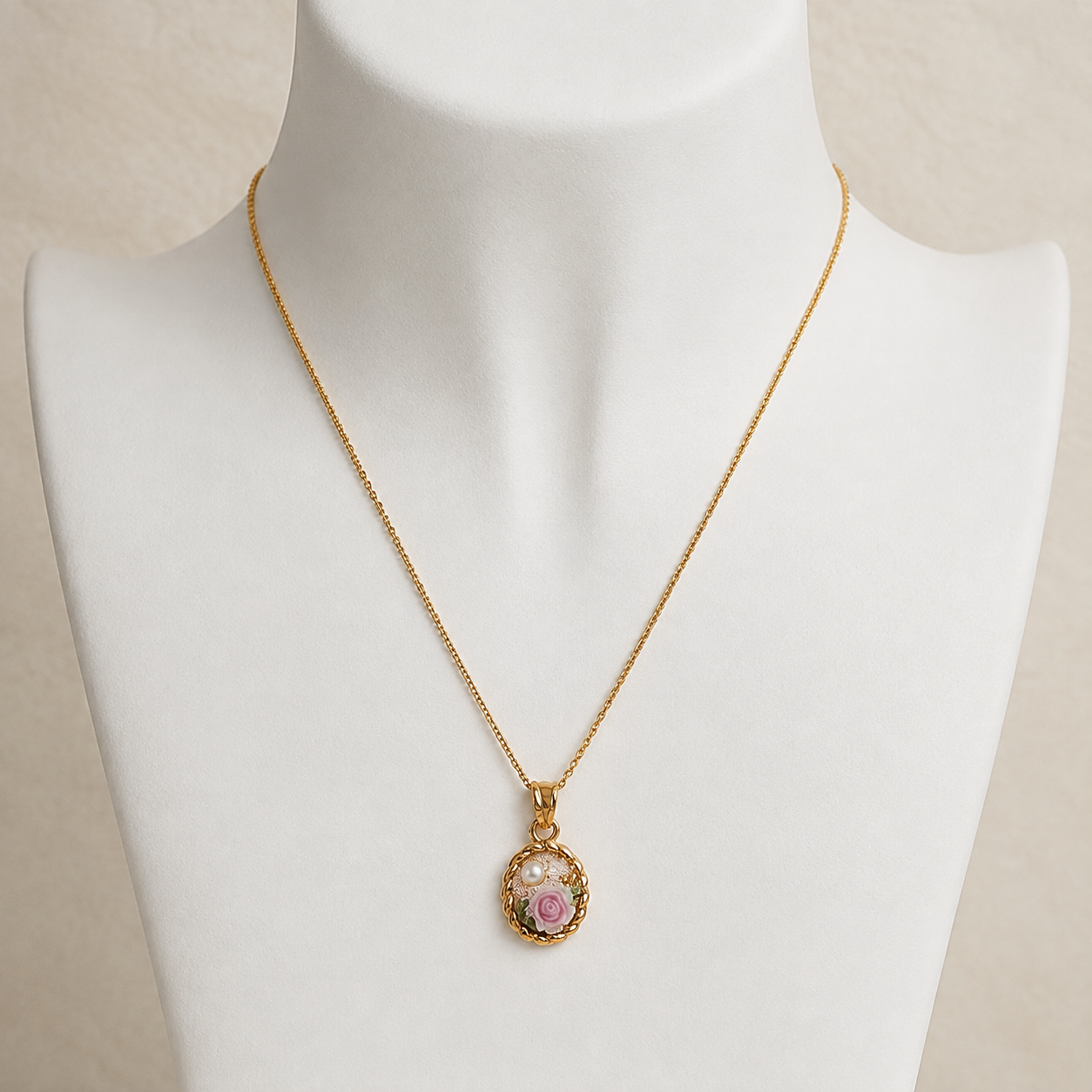 24K Gold Plated Rose Cameo Pearl Necklace