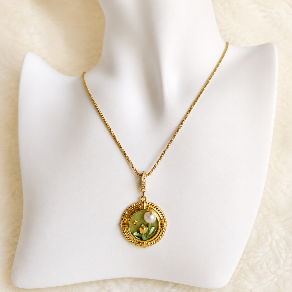 24K Gold Plated Lily of the Valley Pearl Medallion Adjustable Necklace