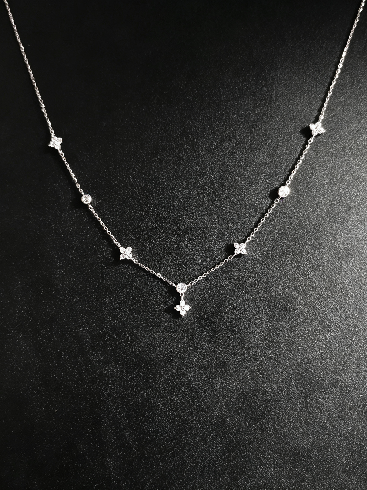S925 Sterling Silver Blue Moissanite Floral Station Necklace