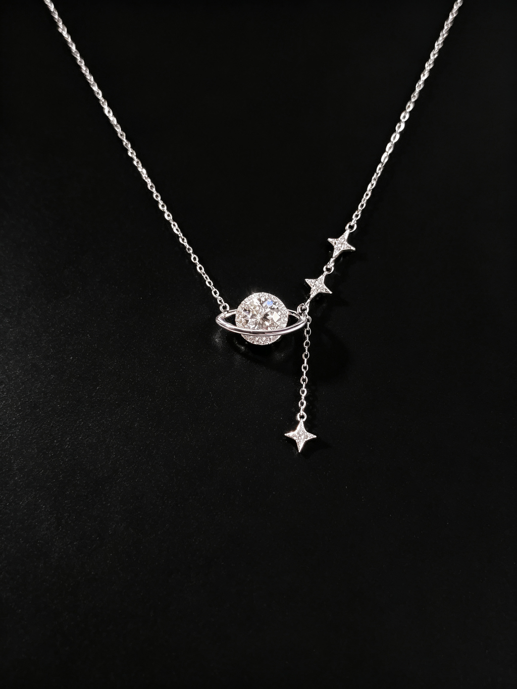 Moissanite Saturn & Star Drop Necklace in S925 Sterling Silver