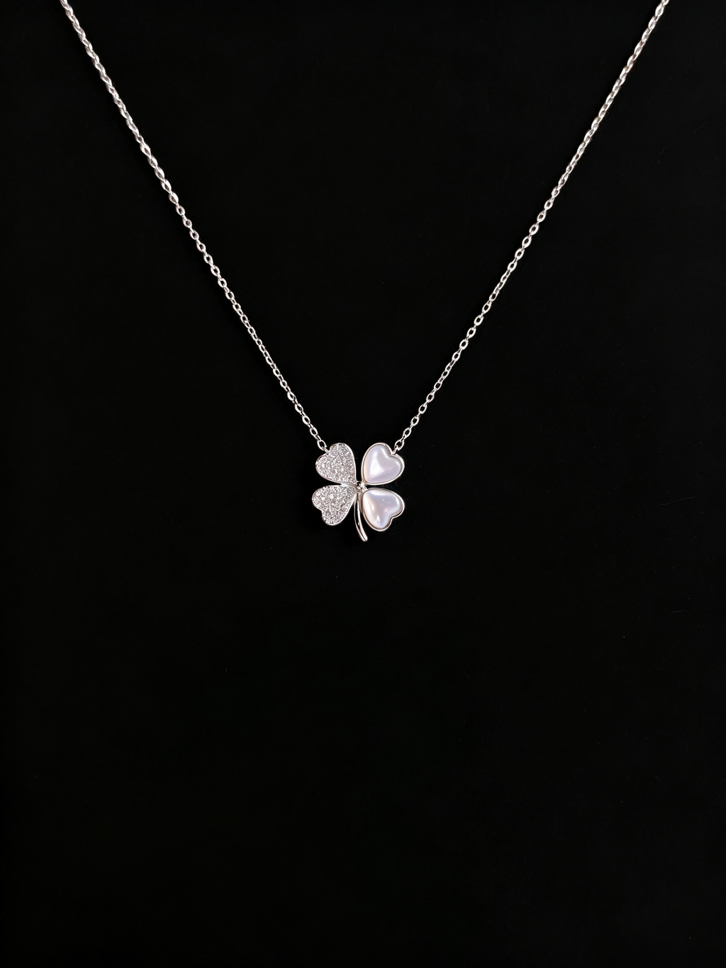 Moissanite & Mother-of-Pearl Four-Leaf Clover Necklace in S925 Sterling Silver