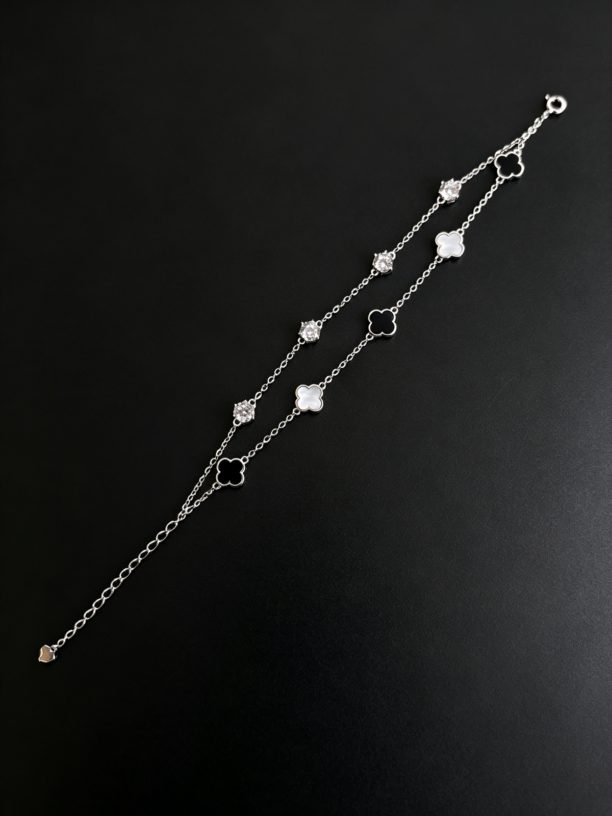 Moissanite & Mother-of-Pearl Clover Double-Layer Bracelet