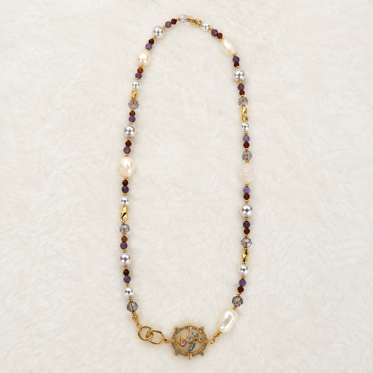 24K Gold Plated Natural Stone & Pearl Beaded Necklace with Crystal Floral Pendant
