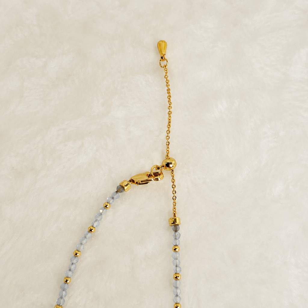 24K Gold Plated Aquamarine Amethyst Pearl Beaded Necklace with Mother of Pearl Floral Pendant