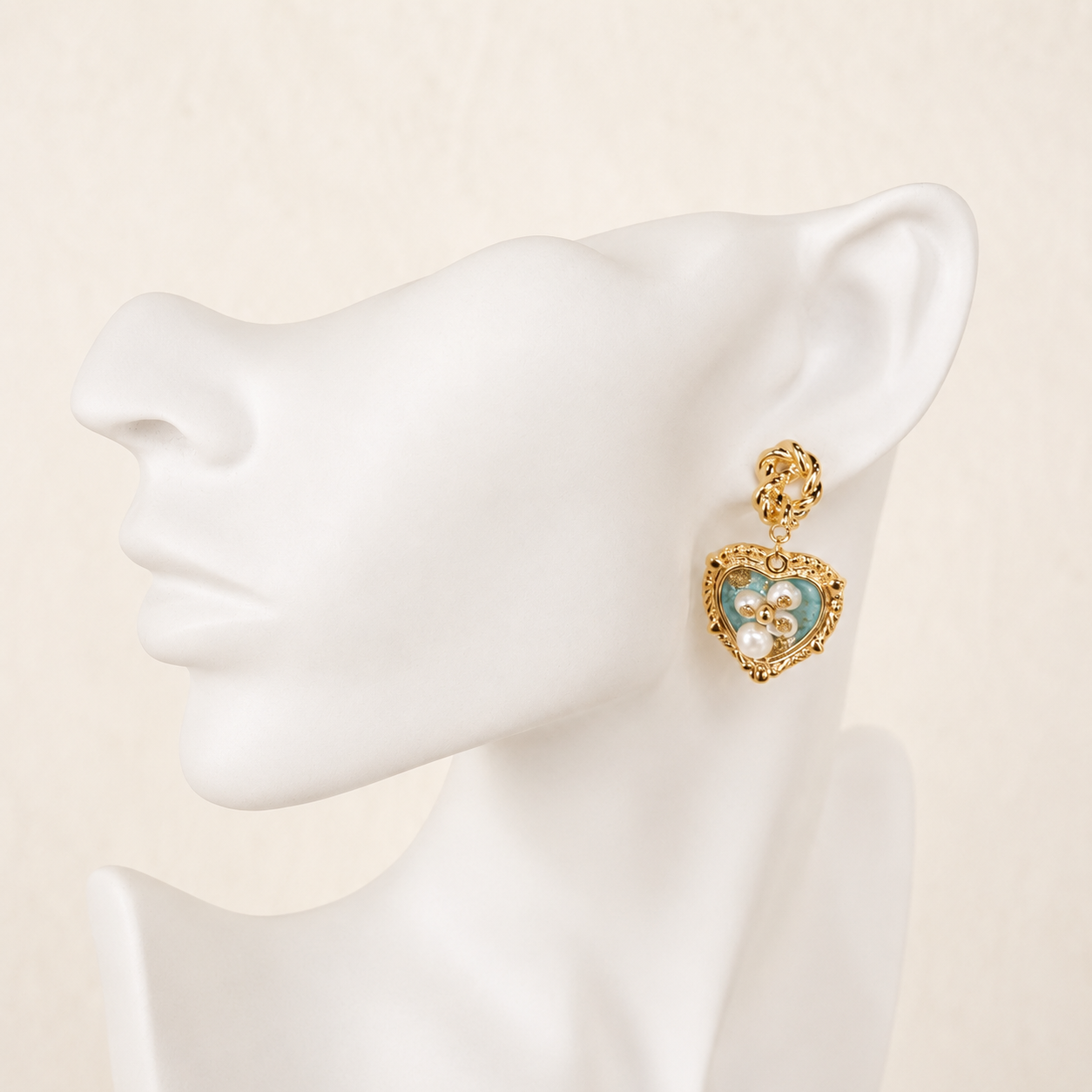 24K Gold Plated Heart Locket Pearl Floral Blue Enamel Drop Earrings