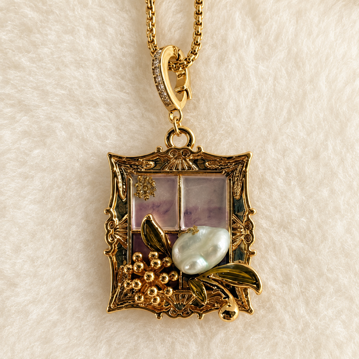 24K Gold Plated Oil Painting Frame Baroque Pearl Mother of Pearl Pendant Necklace