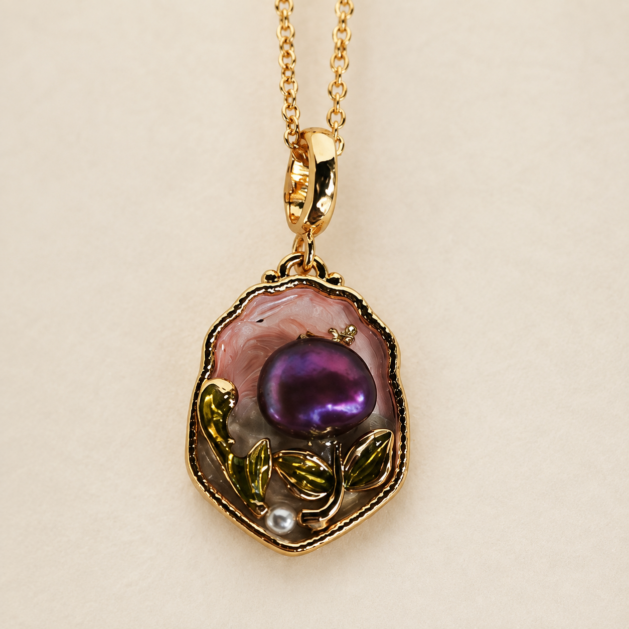 24K Gold Plated Oil Painting-Inspired Pink Enamel Purple Pearl Necklace