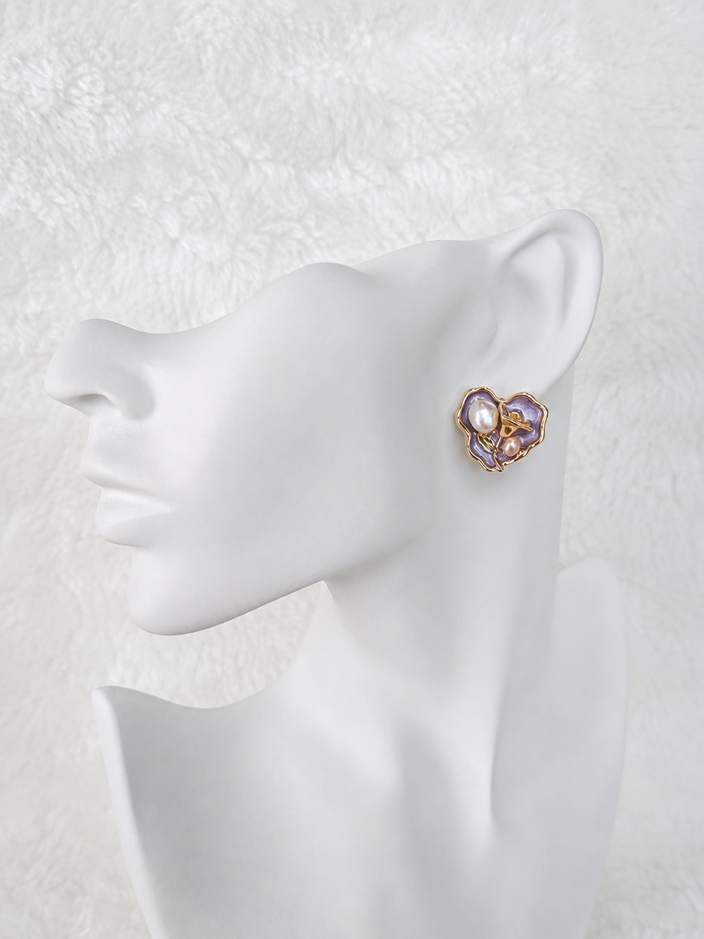 24K Gold Plated Organic Petal Lavender Enamel Baroque Pearl Gold Rose Stud Earrings – Panda House