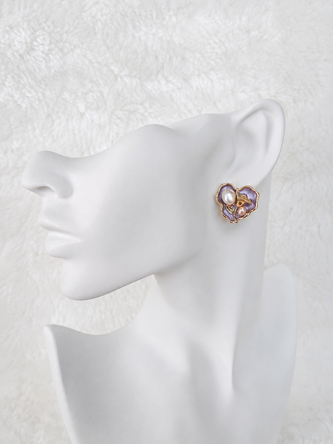 24K Gold Plated Organic Petal Lavender Enamel Baroque Pearl Gold Rose Stud Earrings – Panda House