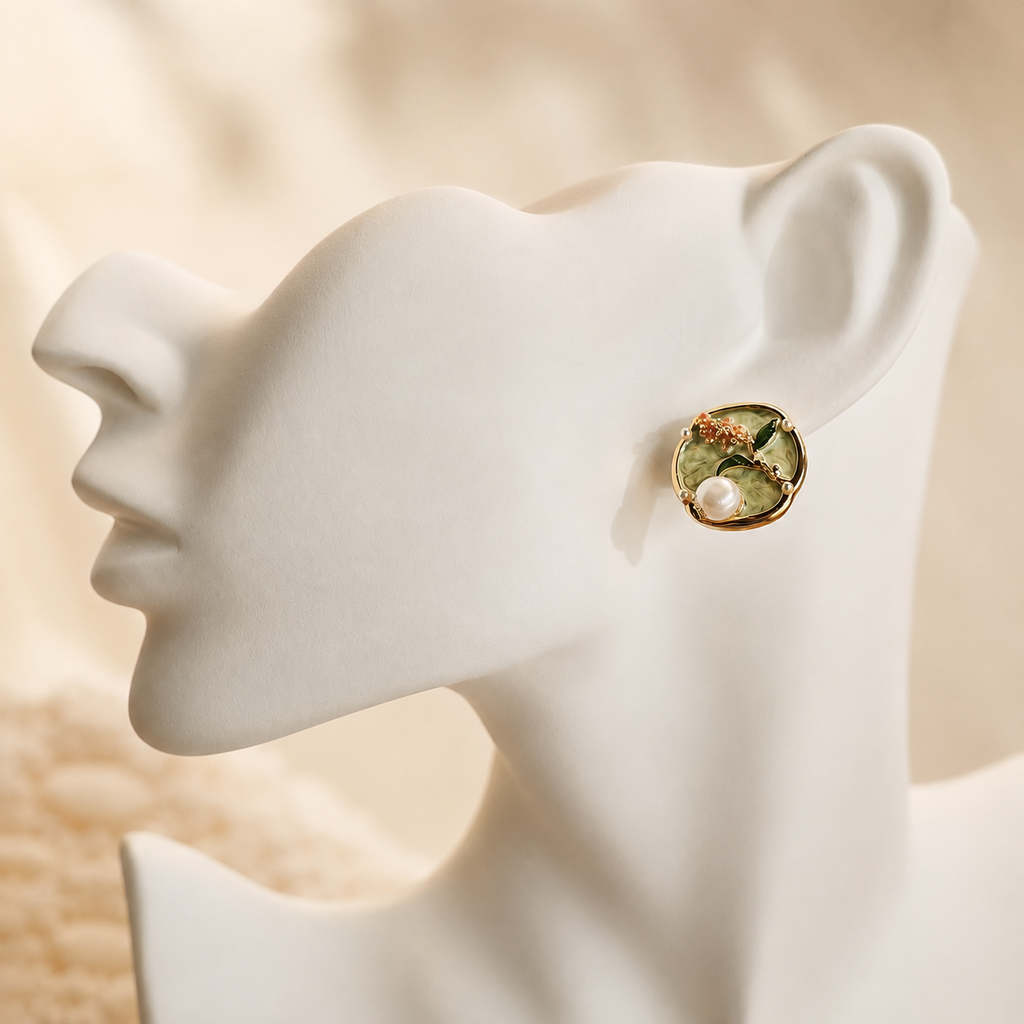 24K Gold Plated Oil Painting Botanical Enamel Pearl Stud Earrings