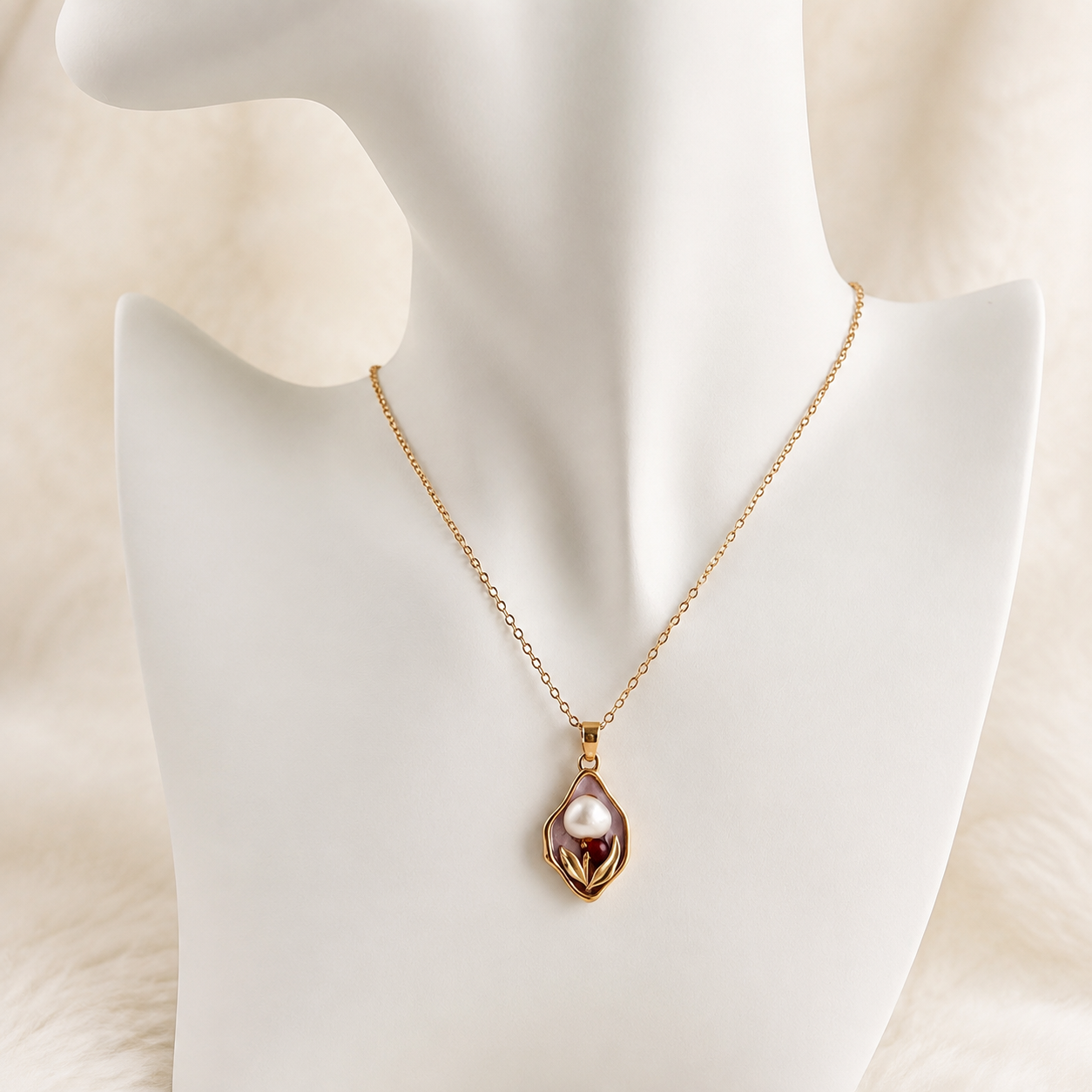 24K Gold Plated Mother of Pearl Baroque Pearl Teardrop Leaf Pendant Necklace