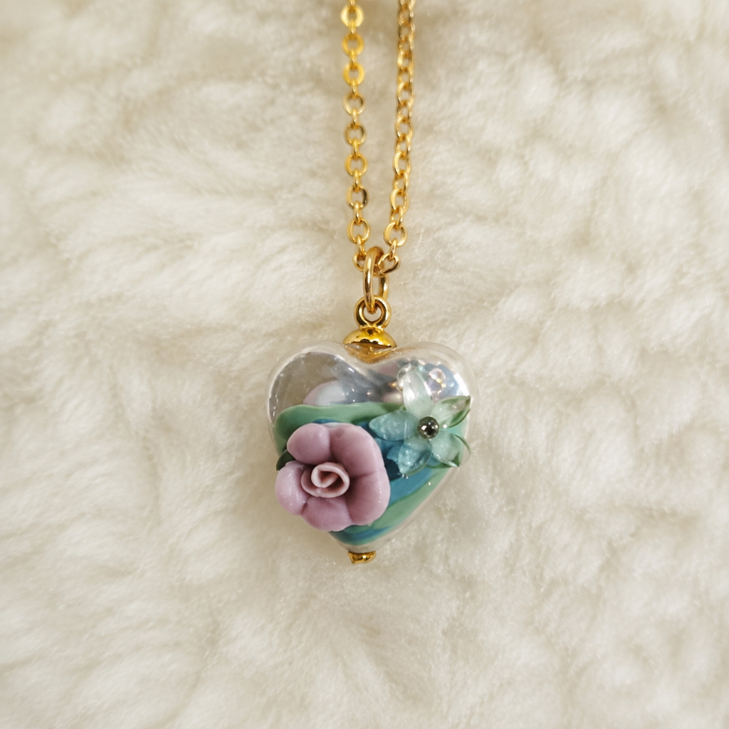 24K Gold Plated Oil Painting Rose Heart Enamel Pendant Satellite Necklace