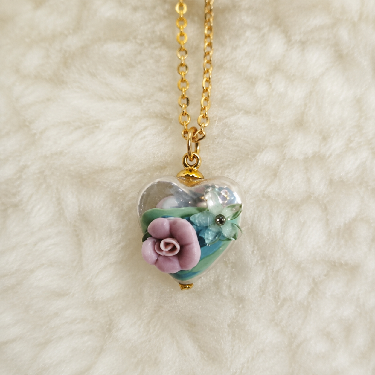24K Gold Plated Oil Painting Rose Heart Enamel Pendant Satellite Necklace