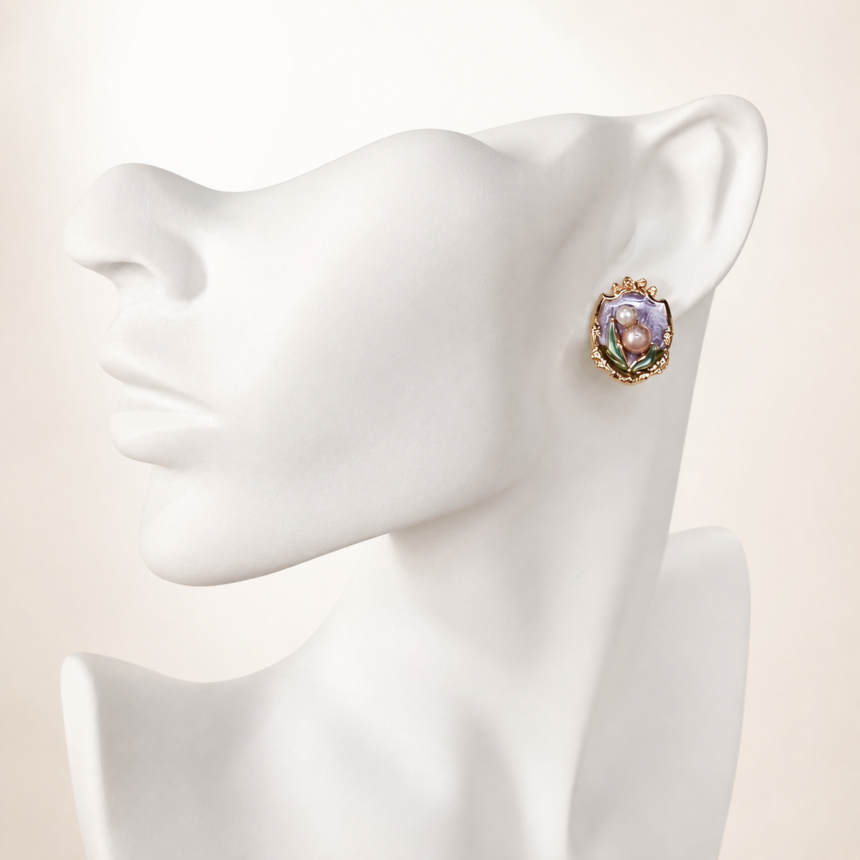 24K Gold Plated Oval Portrait Frame Lavender Rose Pearl Stud Earrings – Panda House