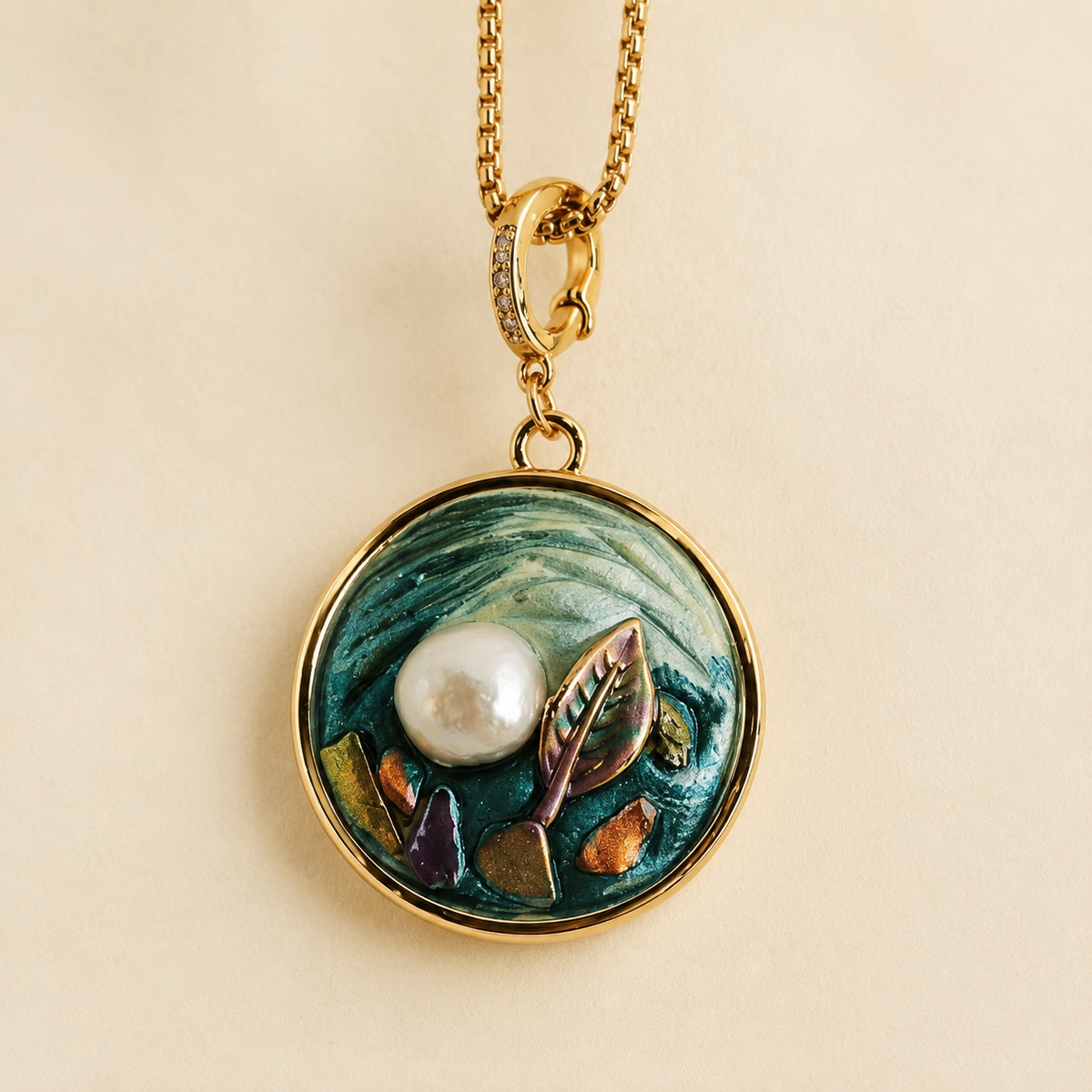 24K Gold Plated Oil Painting Botanical Enamel Pearl Pendant Necklace