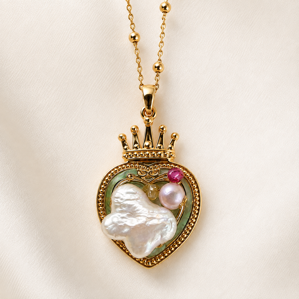 24K Gold Plated Crown Heart Baroque Pearl Royal Pendant Satellite Necklace