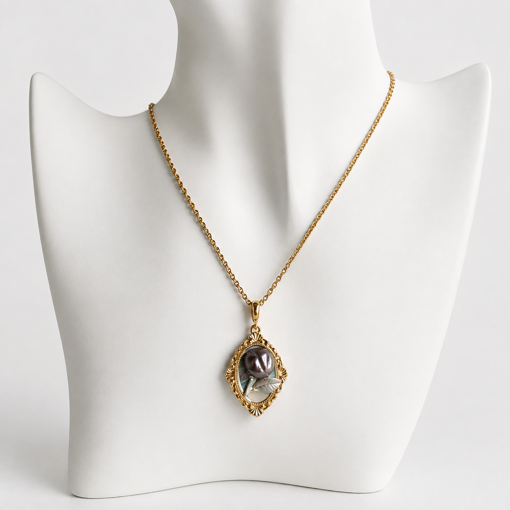 24K Gold Plated Black Mother of Pearl Rose Cameo Victorian Pendant Necklace