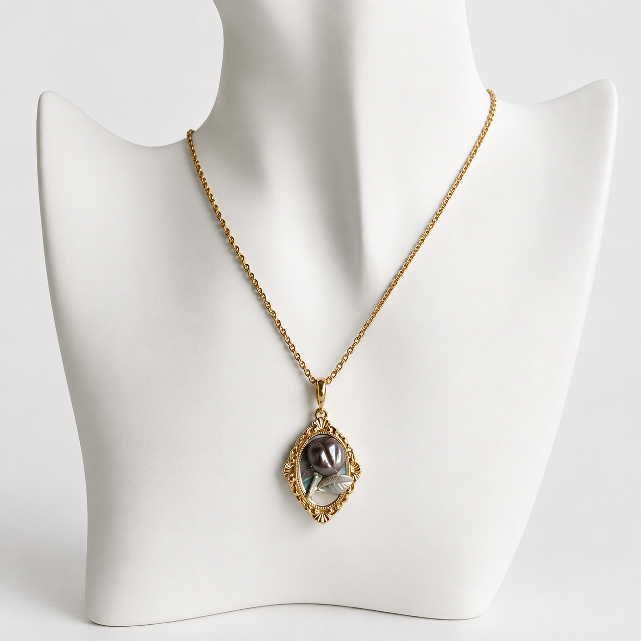 24K Gold Plated Black Mother of Pearl Rose Cameo Victorian Pendant Necklace
