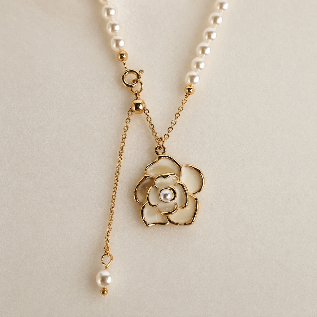 24K Gold Plated Freshwater Pearl Necklace with White Camellia Pendant