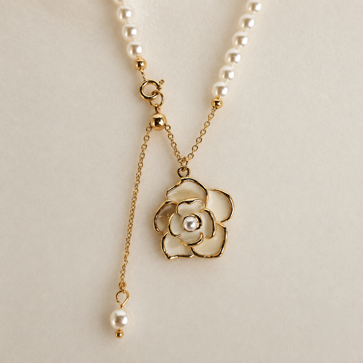24K Gold Plated Freshwater Pearl Necklace with White Camellia Pendant